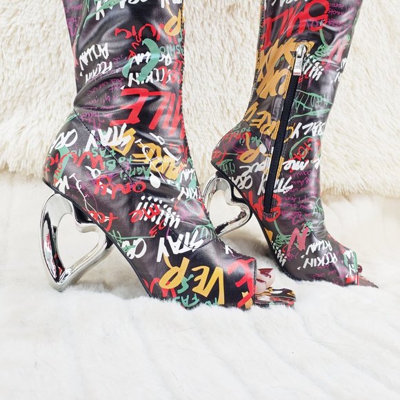 Zen Love Colorful Graffiti Print Over The Knee Boots With Wedge Heart heels - Picture 14 of 16